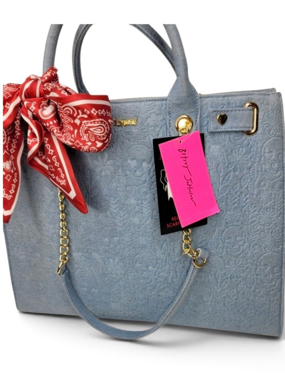 💙▪️Betsey Johnson ▪️ Xokiara Denim Skull Embossed Large Tote With Scarf